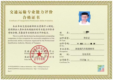 三电系统诊断认证证书
